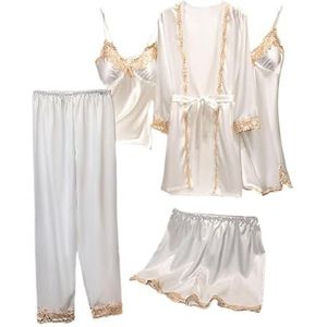 CaFfen Dames gewaden Lace-up Taille 5-delige Nachtkleding Set Voor Vrouwen Vrouwen Badjassen, Wit, M