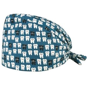 Chirurgische tandartskap – blokkap – 100% katoen – innovatieve en comfortabele medische kap – tandmotieven (blauw)