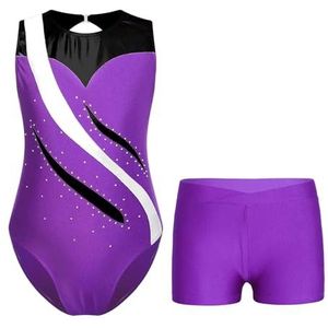NUOYIXUAN - Gymnastiekpak - Paars - Mouwloos - Patchwork - Met Shorts