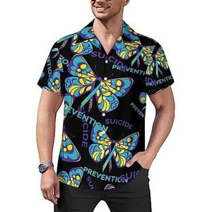 Zelfmoordpreventie bewustzijn lint vlinder casual overhemden met knopen voor heren korte mouw Cubaanse kraag T-shirts tops Hawaiiaans T-shirt L