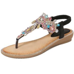 Xytraiihw Dames Glitter Strass Sandalen, Clip Toe Platform Wedgesandalen Vintage Casual Bohemian Zomerschoenen Grote Maat Open Teen Flip Flops Romeinse Outdoor Strandschoenen,zwart,36 EU