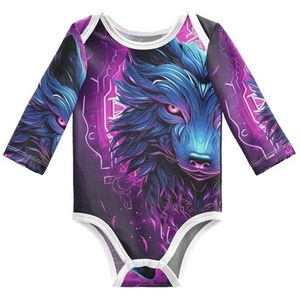 KAAVIYO Coole paarse kunstwolf babybody met lange mouwen, katoenen bodysuit voor neutrale pasgeborenen, 3-24 maanden, Patroon., 6 Maanden