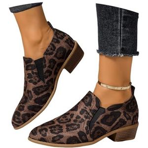 Enkellaarsjes In Grote Maten for Dames 2025 Suède Korte Laarzen Met Luipaardprint Chelsea Ankle Boots Met Blokhak Retro Instapschoenen for Lente, Herfst(43 EU)