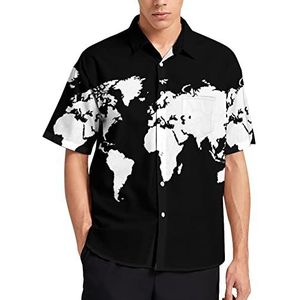 Zwart en wit The Earth Map heren T-shirt met korte mouwen casual button down zomer strand top met zak