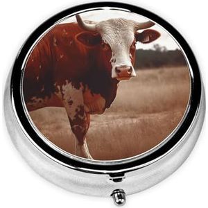 Texas Koe Print Pillendoos 3 Compartimenten Kleine Pillenetui met Spiegel Pillen Organizer voor Outdoor Reizen Pocket Purse