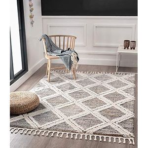 the carpet Vera Handgemaakte look, superzacht tapijt voor in de woonkamer, 3D-effect, hoogpolig, langpolig, Scandinavisch, ruitpatroon, grijs, 80 x 150 cm