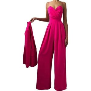 OHERUWKLS Dames Zomer Casual Effen Kleur V Hals Spaghetti Strap Strap Straight Long Jumpsuit,Rood,3XL