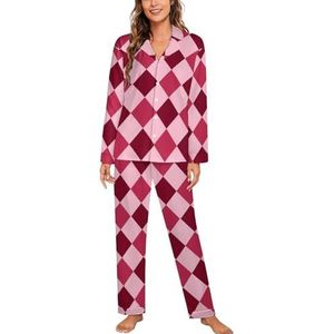 Roze Rode Diamant Schaakbord Vrouwen Lange Mouw Button Down Nachtkleding Zachte Nachtkleding Lounge Pyjama Set XL
