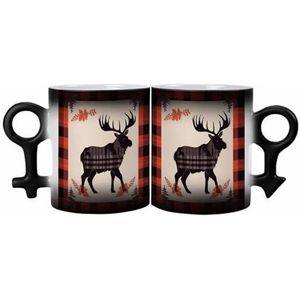 ZLFDSKGY 11 oz Zwarte Keramische Magic Koffie Mok Herten Beer Buffalo Check Gedrukt Koppels Symbool Verkleuring Cup Grappige Koffie Cup Kleur Veranderende Koffie Mokken voor Vrienden Familie