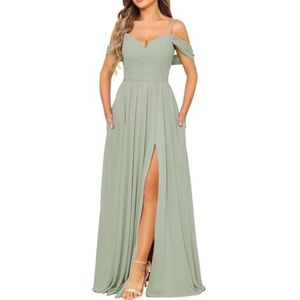 Chiffon bruidsmeisjesjurk voor dames met split avondjurken baljurk cocktailjurk grote maten, Sage Groen, 32