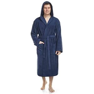 Herenbadjas met capuchon, kuitlengte, 100% Katoenen Badstof, Marine Blauw, S