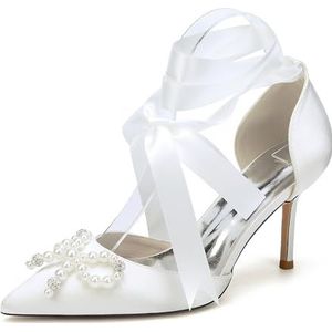 KYEGLO Satijnen Sandalen Met Gesloten Teen En Parelstrik, Damesschoenen Met Spitse Neus En Hoge Hakken, Ideaal Voor Bruiloften, Schoolfeesten En Bruiloftsfeesten,ivoor,36