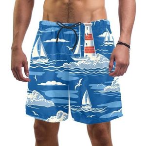PAFEFO Nieuwigheid boardshorts voor heren, strandvakantie, feest, sneldrogende badpakken met blauwe oceaan, zeilboot, vuurtorenontwerpen, Blauwe Oceaan Zeilboot Vuurtoren, L