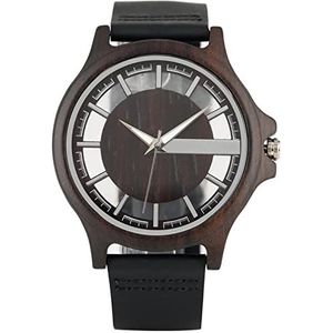 Handgemaakt Ebony Wood Watch Heren Transparante Hollow Dial Houten Horloges Analoge Timepiece Vintage Quartz Polshorloge Klok Huwelijksgeschenken (Color : Black)