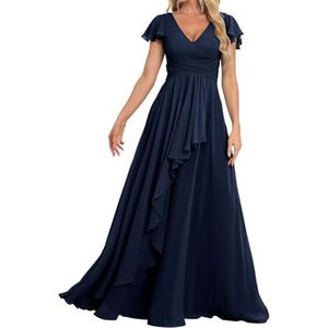 Prinses Bruidsmeisjes Jurken Flutter Mouw Galajurken Chiffon Formele Avondfeest Maxi Jurk met Split ZM189, marineblauw, 32