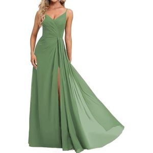 Prinses Bruidsmeisjes Jurken Spaghetti Bandjes Galajurken Chiffon Formele Avondfeest Maxi Jurk met Split ZM210, Stoffige Salie, 32