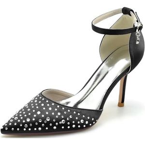 Hanfike Vrouwen Bruiloft Pumps Hakken Enkelband Formele Party Avond Schoenen Met Kristallen JY020, Zwart, 41 EU