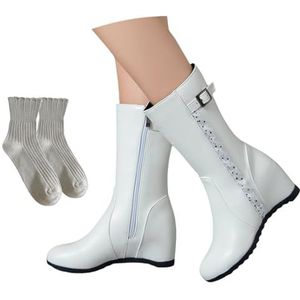 5 Cm Enkellaarsjes Met Sleehak Damesmode Korte Laarzen Met Gesp PU Lederen Enkellaarsjes Met Ritssluiting Aan De Zijkant Herfst Winter Enkelschoenen for Outdoor, Feest(White,41 EU)