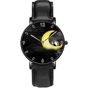 Zwarte Kat Zittend Op Maan Nachthorloges Persoonlijkheid Business Casual Horloges Mannen Vrouwen Quartz Analoge Horloges, Zwart