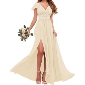 Chiffon bruidsmeisjes jurken met mouw - V-hals Empire taille plooi formele jurk, Champagne, 32