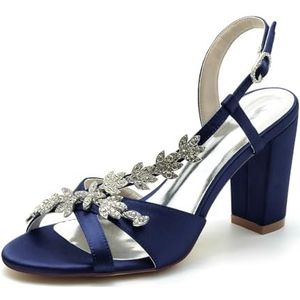 GHSIRUEU Damessandalen met Rhinestone Hak Ronde Teen Strappy Hakken voor Vrouwen Comfortabele Backless Wedding Party Dress Pumps Schoenen,Marine,38 EU