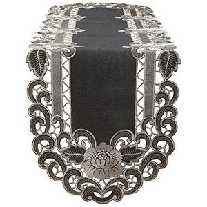 Quinnyshop Grijs brede tafelloper tafelloper linnen-look bloemen borduurwerk (ca. 45x130 cm Ovaal)