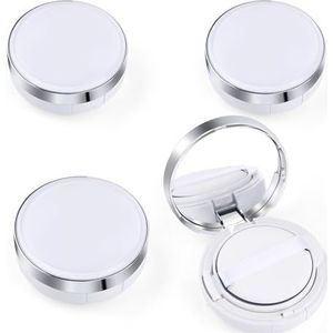4 stuks 15g/0,5 oz lege luchtkussen bladerdeeg doos draagbare make-up poeder container geval met spons bladerdeeg & spiegel voor vloeibare foundation BB crème - wit zilver