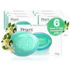 Pears Pure & Gentle Transparante zeepstukken met natuurlijke oliën, verfrissende reiniging, dagelijks gebruik voor gezicht en lichaam, alle huidtypes, mannen en vrouwen, verpakking van 6 stuks, 125 g