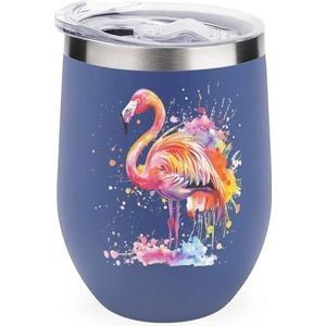 Flamingo Aquarel 12oz Wijn Tumbler Met Deksel Roestvrij Staal Cup Dubbelwandige Vacuüm Geïsoleerde Koffie Mok