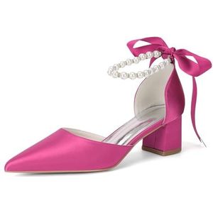 KYEGLO Satijnen Damesschoenen Met Dichte Neus En Dikke Hakken, Sandalen Met Spitse Neus En Middelhoge Hakken Met Parelriempje Om De Enkel - Pumps Voor Feestelijke Gelegenheden En Bruiloften,Rose,36