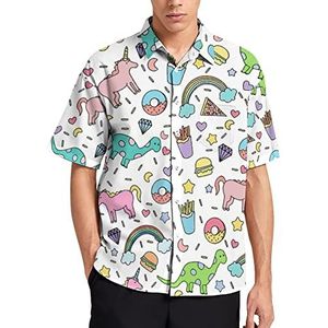 Eenhoorn dinosaurus cartoon print heren korte mouw T-shirt casual button down zomer strand top met zak