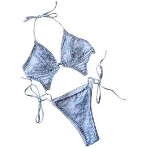 HFYRBDKSPI Dames Denim Print Eendelig Badpak Halter O-Ring Gekoppeld Strikbandje Aan De Zijkant Sexy Uitgesneden Bikini Badpak,Blauw,L