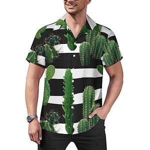 Cactus On Stripes Heren Casual Button-Down Shirts Korte Mouw Cubaanse Kraag Tees Tops Hawaiiaans T-shirt 3XL