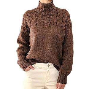 Dameskabelgebreide Trui, Losvallende Trui met Hoge Hals, Pure Kleur voor de Herfst (L)