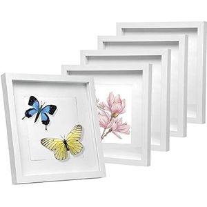 EUGAD Set van 5 fotolijsten fotogalerij, diepe lijst voor objecten tot 1,5 cm, houten lijst met papier-passepartout, met glasplaat, 3D-objectlijst, wit, 40 x 40 cm