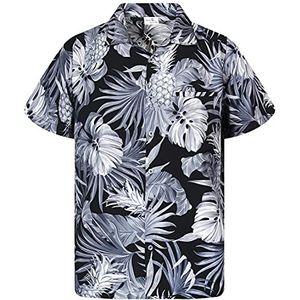 King Kameha Hawaiihemd, voor heren, korte mouwen, borstzakje, Hawaii-print met ananas en bladeren, Pineapple Leaves Monogrijs, XXL