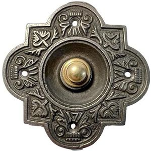 Gietijzeren Traditionele Quatrefoil Vorm Deurbel Drukknop | 10cm x 10cm | Messing Drukknop met gietijzeren Surround | Vintage Stijl Deurbel Push Button