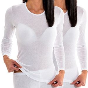 HERMKO 17830 2 stuks dames lange mouwen onderhemd, shirt van katoen/modal, wit, 40/42 NL