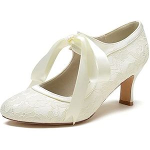 EICOFF Kant Satijn Bruiloft Bruidsschoenen Dames Gesloten Teen Pumps Kitten Hak Hofschoenen Jurk Feest Dans Pompen Schoenen,ivoor,36 EU