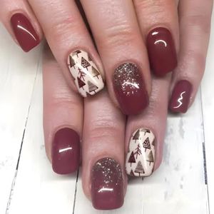 24 x kunstnagels voor kerstboom, opdruknagels, glinsterende kunstnagels, kort, vierkant, volledige omslagen, stick-on nagels