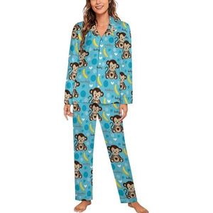 Leuke aap en banaan pyjama met lange mouwen voor vrouwen, klassieke nachtkleding, nachtkleding, zachte pyjama's, loungesets
