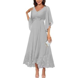 KURFACE Jurken voor dames, V-hals, moeder van de bruid met mouwen, kanten applicatie, chiffon, formele avondjurk, Zilver, 32