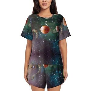 RIVETECH Planet Space System Print dames korte korte pyjamasets korte sets, pyjama's, lounge shorts set, Zwart, L