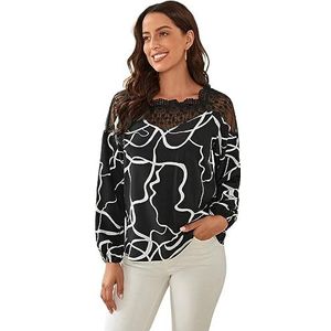 dames topjes Grafische print contrasterende kanten blouse met raglanmouwen (Color : Black and White, Size : L)