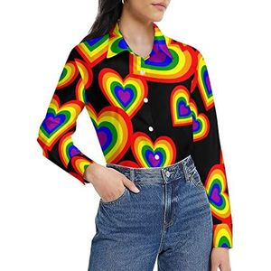 LGBT Regenboog Hart Damesshirt Lange Mouw Button Down Blouse Casual Werk Shirts Tops 2XL