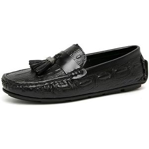 Loafers for heren Vierkante neus Krokodilprint met kwastje Rijden Loafers PU-leer Platte hak Bestand Lichtgewicht Bruiloft Instappers (Color : Black, Size : 44.5 EU)