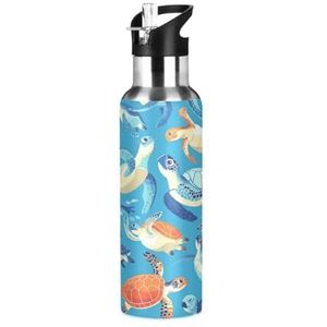 Cartoon Grappige Zee Schildpad Blauw Sport Water Fles met Stro Thermos Rvs Dubbelwandige Geïsoleerde Vacuüm Cup 600ML Thee