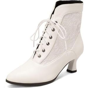 Dames Retro Middeleeuwse Enkellaarsjes Enkellaarsjes Met Elegante Hak PU-leer Veterlaarzen Herfst Winter Korte Laarzen 5,5 Cm Hoge Hakken Vrije Tijd Enkelschoenen for Buiten, Feest(White,40 EU)