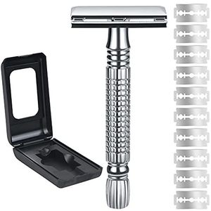 URAQT Veiligheidsscheermes Voor Heren, 2-Zijdige Meskop, Veiligheidsscheermes, Roestvrijstalen Natscheermes, Vintage Hoogwaardig Veiligheidsscheermes Met 10 Scheermesjes (Zilver)