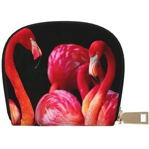 ASEELO Creditcard portemonnee moderne libelle lederen shell kaarthouder portemonnee voor vrouwen of mannen met rits, Flamingo's op zwarte achtergrond, Leather Shell Card Bag